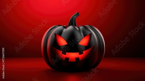 Black Halloween Pumpkin with Red Eyes Glowing on Dark Background