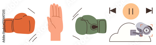 Red and green boxing gloves clash, neutral hand stops fight, play-pause icons, cloud storage, and security camera. Ideal for conflict resolution, surveillance, data control, teamwork peace