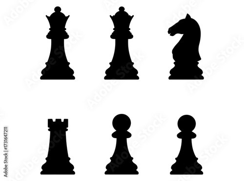 Black Chess Pieces Silhouettes Set on a White Background - Strategic Board Game Icons