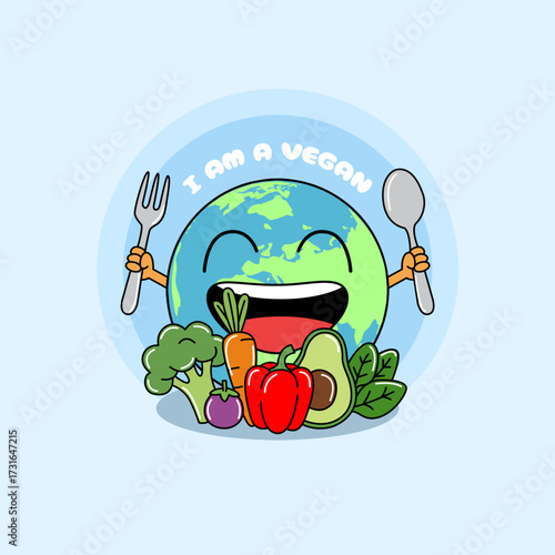 Illustration of a happy earth eating various vegetables and fruits while holding a spoon and fork on a sky-blue background. Perfect for celebrating World Vegetarian Day on October 1st.