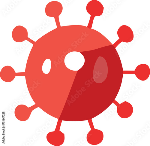 Cute cartoon red coronavirus icon with spiky protrusions and white center represents viral threat and microbe concept