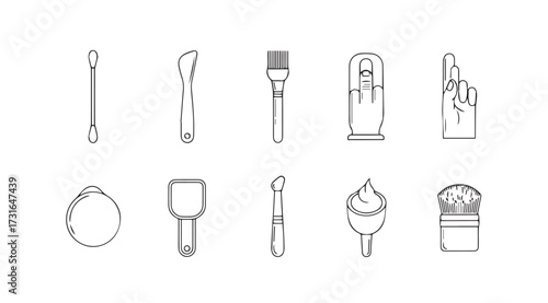 Collection of makeup and cosmetic tools in a hand drawn sketch silhouette style