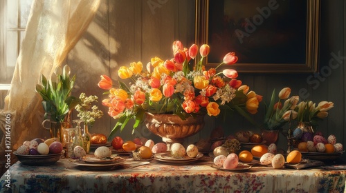 Wallpaper Mural Beautiful Spring Table Setting with Flowers and Decorative Eggs Torontodigital.ca