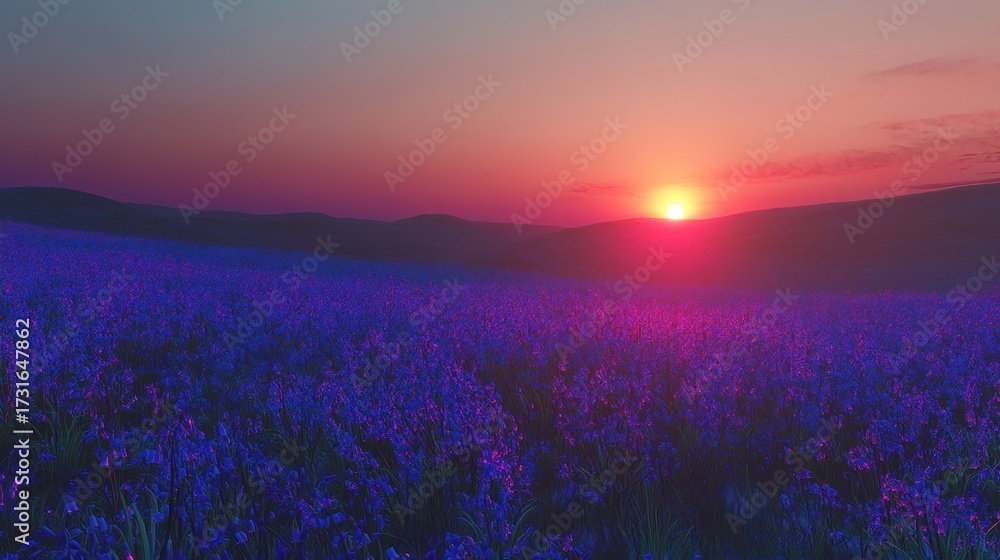 Fototapeta premium Stunning Sunrise Over Vibrant Purple Flower Field Landscape