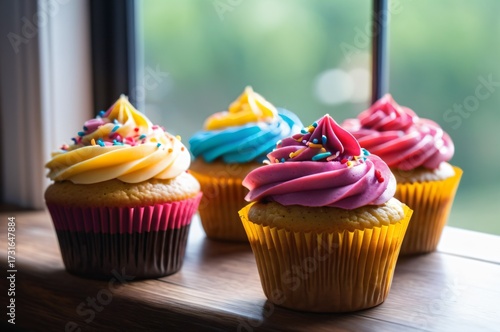 colorful cupcakes with colorful sugar granules near window