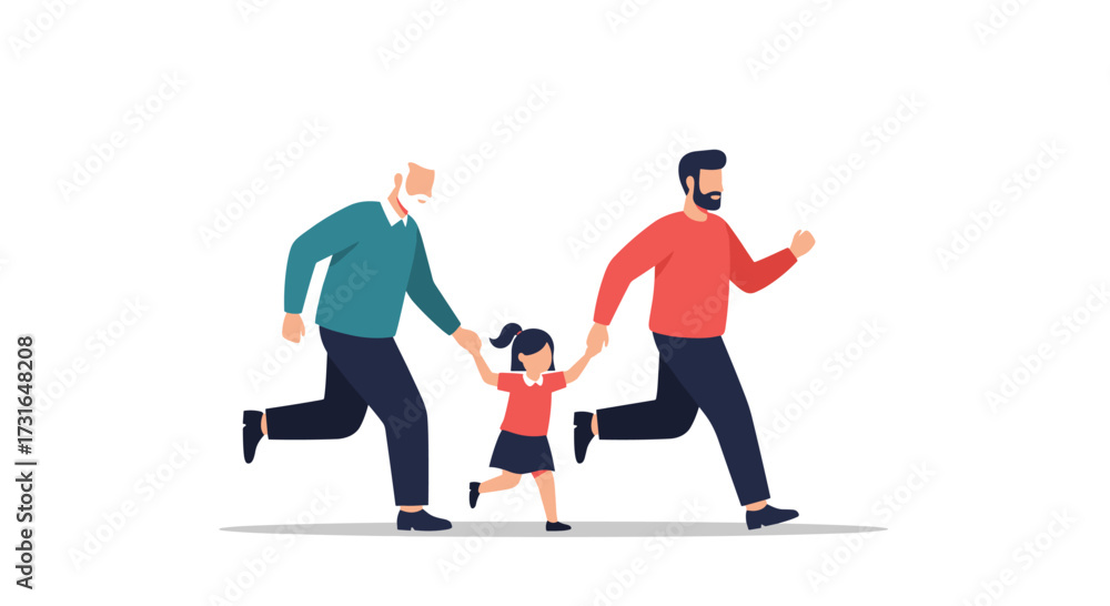 Obraz premium A grandfather father and daughter running together happily in the park.