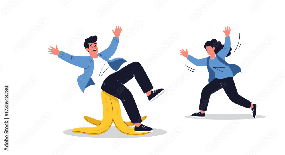Obraz premium Man slips on banana peel while another person reacts.