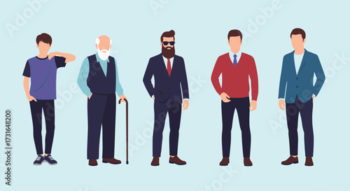 A diverse group of men representing different ages and styles.