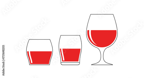 Red liquid in three different glasses of increasing size.