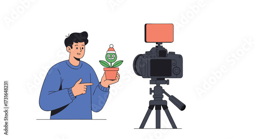 A person records a video with a potted plant wearing a festive hat.