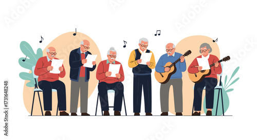 A group of senior men singing and playing music together outdoors.