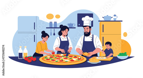 A family is making a delicious pizza together in the kitchen.