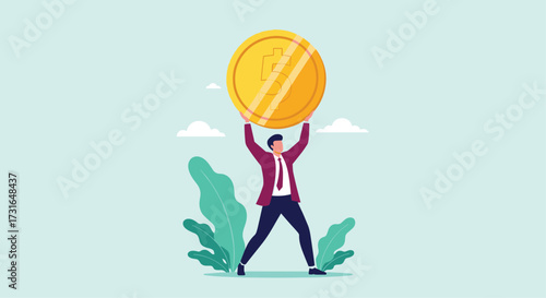 Man holding a large gold coin above his head in victory.