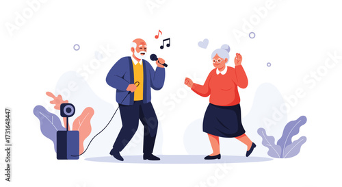 Older couple having fun singing and dancing with a portable speaker.