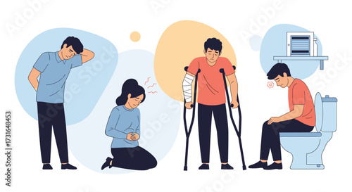 Illustrations of people experiencing various health issues and injuries.