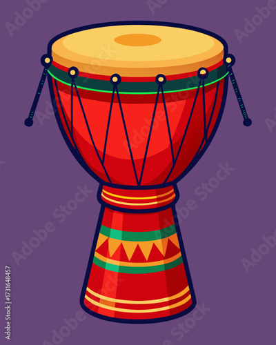 Illustration of a Red African Djembe Drum with Tuning Ropes for Percussion Music
