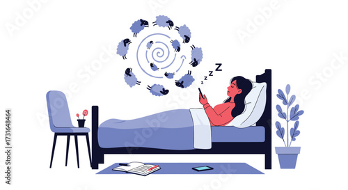 Woman using phone in bed with insomnia and counting sheep.