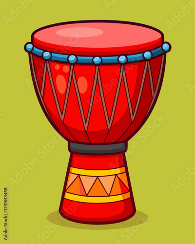 Illustration of a Red African Djembe Drum with Tuning Ropes for Percussion Music

