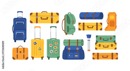 Collection of luggage and travel gear for journeys.