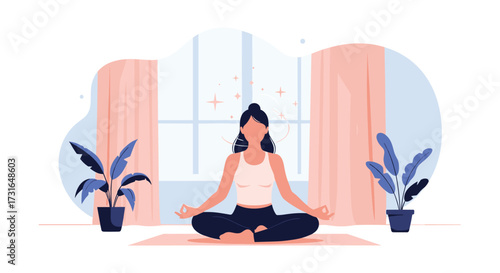 Woman meditating in lotus position indoors for relaxation and wellness.