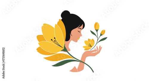 A serene young woman enjoying the gentle fragrance of blooming yellow flowers.