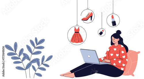 Online shopping for fashion items a woman is browsing.