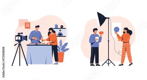 Creating a video content with camera and studio lighting setup.