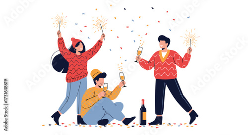 Friends celebrating a joyful occasion with sparklers and champagne.