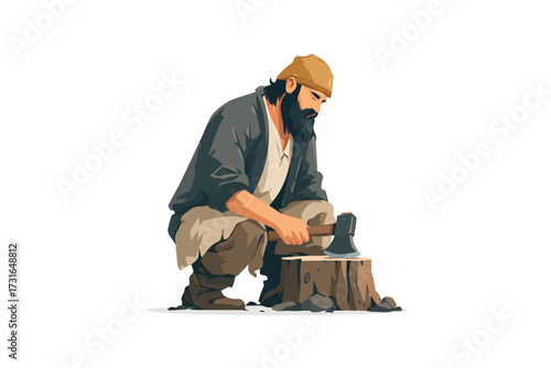 Historical reenactor at work tool isolated