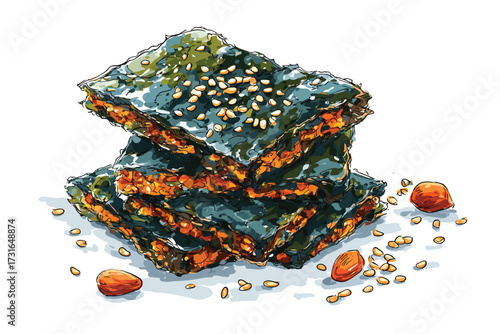 Korean Roasted Seaweed Snack with Sesame Seeds dry isolated