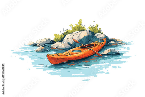 Kayak Resting on Rocky Shore After Trip canoe isolated