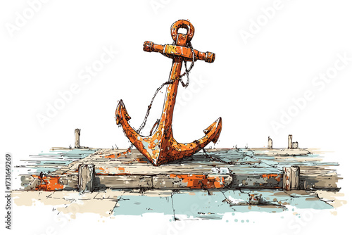 Rusty Anchor as Coastal Decor on Weathered Dock coastal isolated