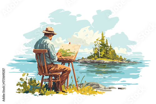 Scenic painter at work easel isolated