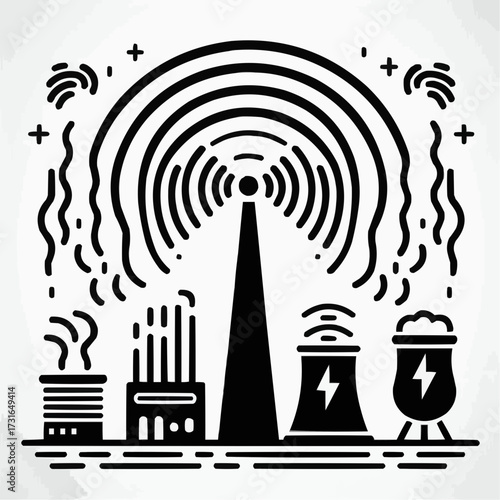 Industrial radio tower with power plants and emission waves illustration
