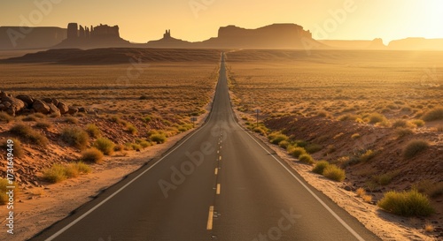 Open road stretches towards distant mesas under warm sunlight creating a scenic landscape and perspective view