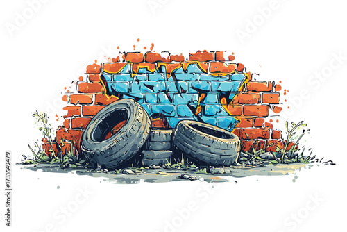 Urban Graffiti Wall Behind Discarded Tires environmental pollution isolated