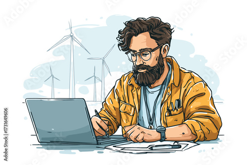 Wind turbine technician at work turbine isolated
