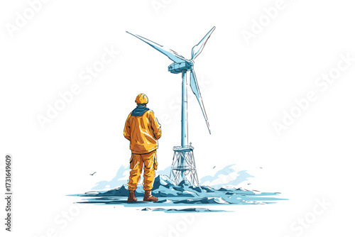 Wind turbine technician at work site isolated