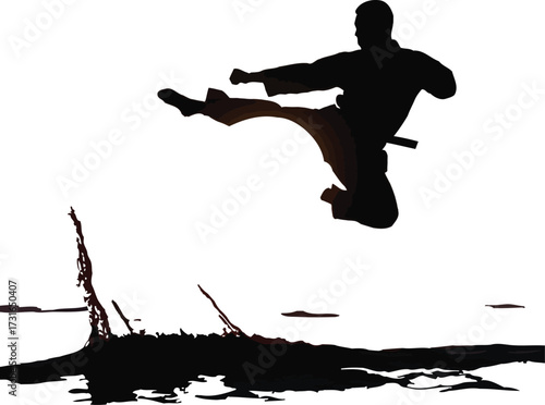 Silhouette of a karate fighter kicking in the air isolated on white background the fighter is in midair, with one leg extended and the other bent at the knee