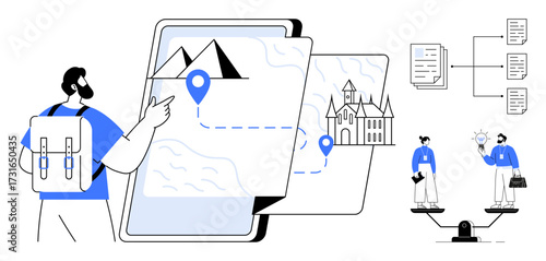 Backpacker pointing at digital map with location markers connected by routes. Nearby scenes include decision-making, weighing options, process planning. Ideal for travel, navigation, exploration