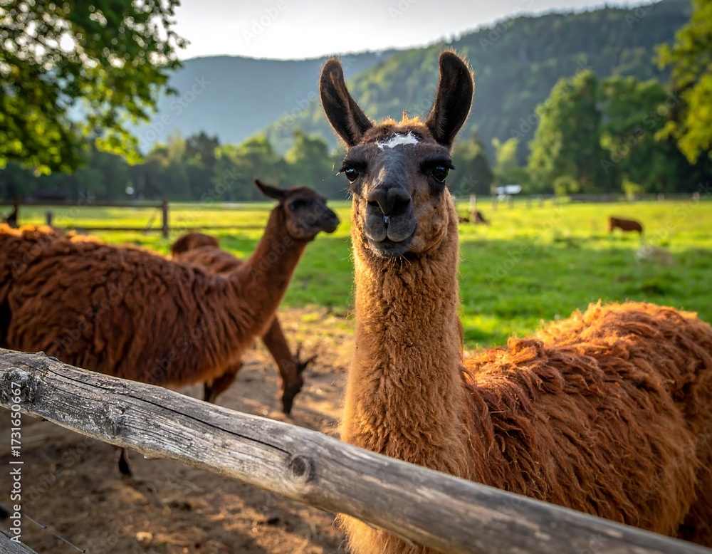 Fototapeta premium Llamas in a grassy field, sunlit