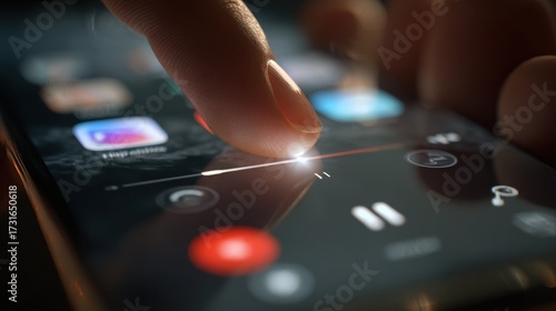 Music in Touch: A finger gracefully interacts with a smartphone screen, navigating through a soundscape of digital music, creating a symphony of modern technology.