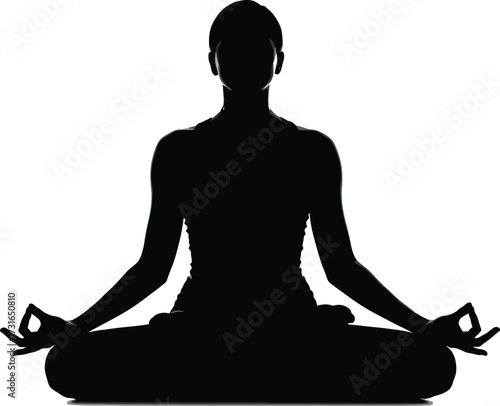 Silhouette of a woman meditating in lotus position, isolated on white background the image represents peace, tranquility, and mindfulness