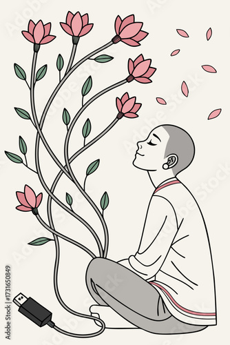 Serene Mindful Meditation Embracing Nature's Tranquil Blooms and Digital Connection