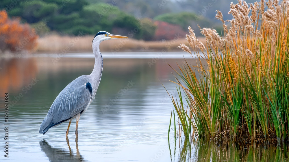 Naklejka premium Grey heron bird standing in water with reeds