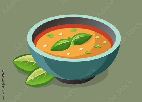 Cartoon Illustration of a Bowl of Soup with Basil Leaves
