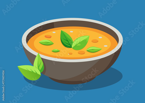 Cartoon Illustration of a Bowl of Soup with Basil Leaves
