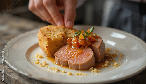 Chef plating sliced beef tenderloin with a savory sauce and cornbread