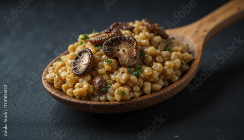 Coconut couscous with sautéed mushrooms in a wooden spoon