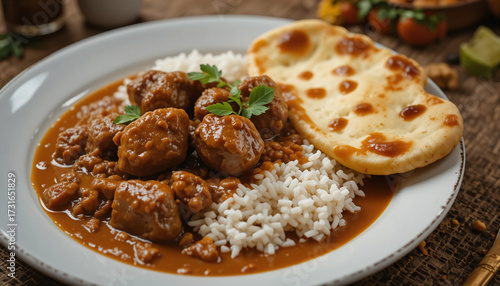 Savory meatballs in sauce served with rice and naan bread on a plate